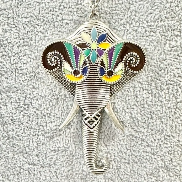 Large Sliver Tone With Enamel Elephant Pendant Statement Necklace - Picture 2 of 4